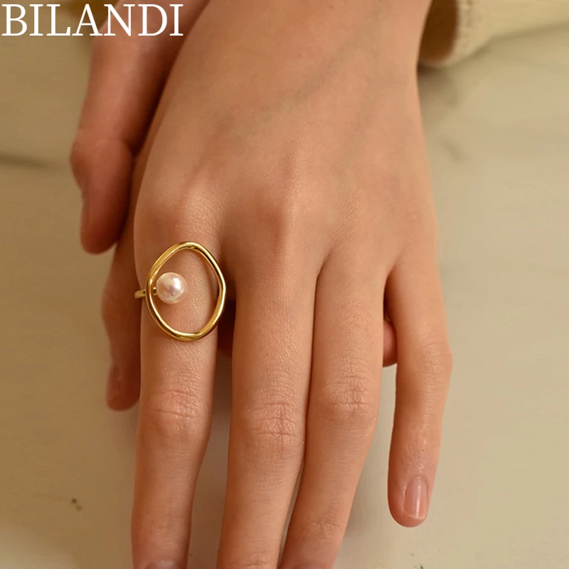 

Bilandi Fashion Jewelry Geometric Finger Ring Popular Design Hot Selling Simulated Pearl Ring For Women Party Gift Drop Shipping