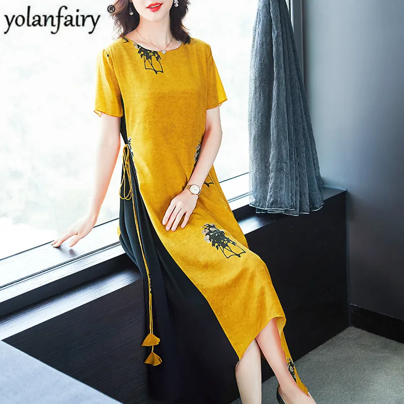 

Летнее платье из натурального шелка 2020, модное платье-миди с цветочным принтом, элегантные свободные женские платья, Новое поступление, пла...