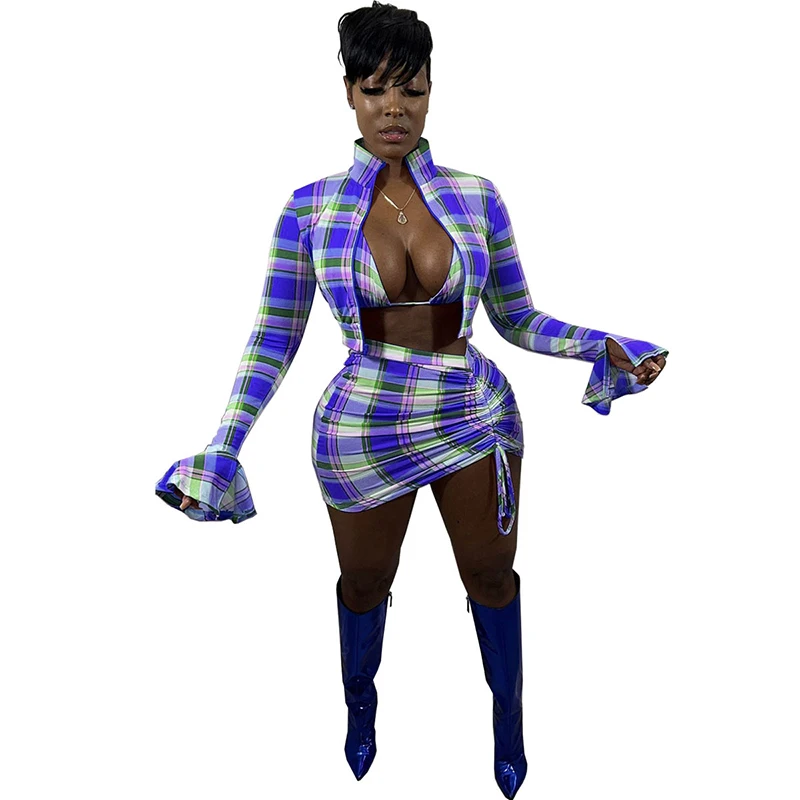 

Женский сексуальный комплект из трех предметов, клетчатый топ на бретельках + верхняя одежда на молнии + мини-юбка с рубашкой, популярный осе...