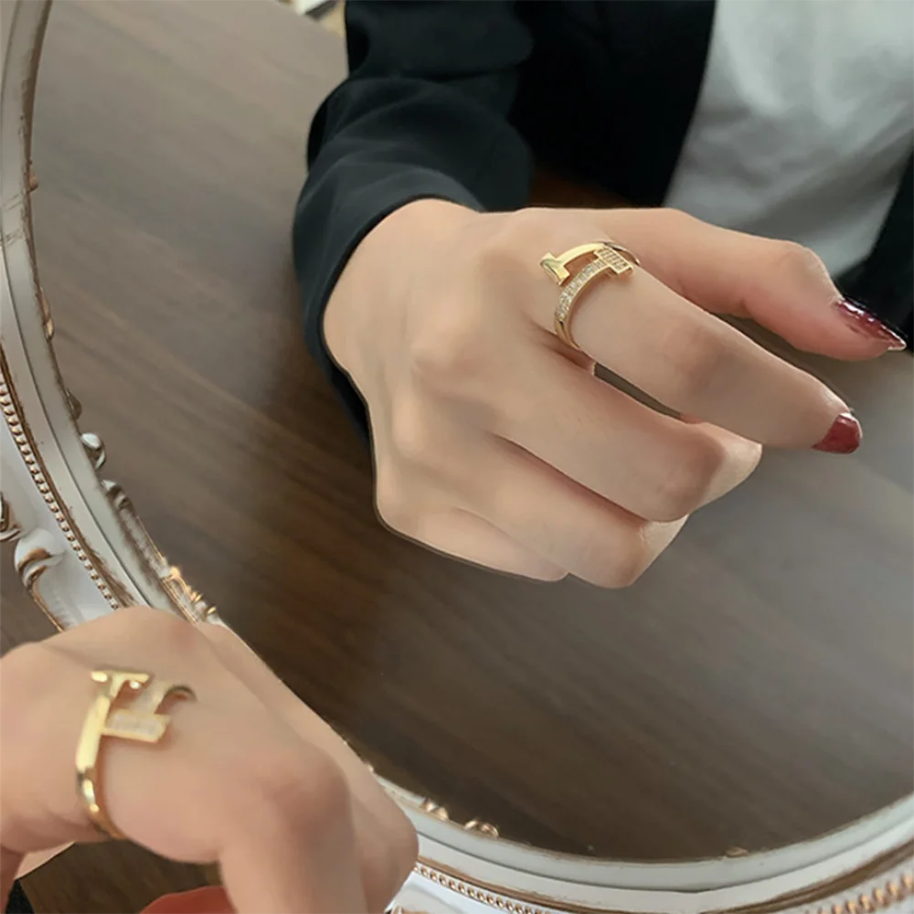 

Classic Simple Letter T Luxury Zircon Open Adjustable Ring For Women Fashion Trend Luxury Unusual Party Jewelry Gift