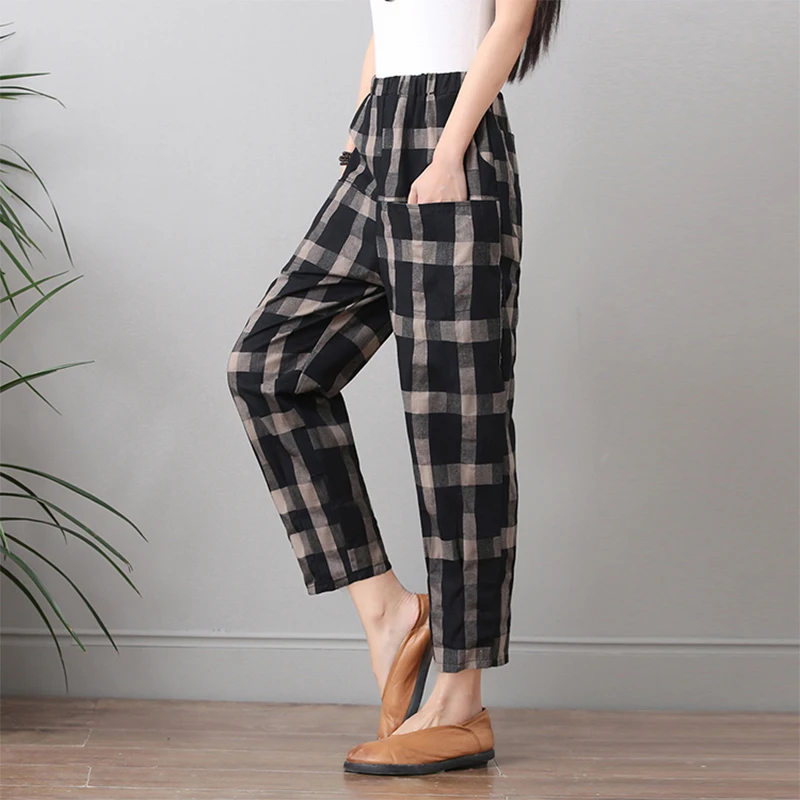 Женские клетчатые штаны шаровары из хлопка и льна толстые брюки 2019 фунтов cc1053