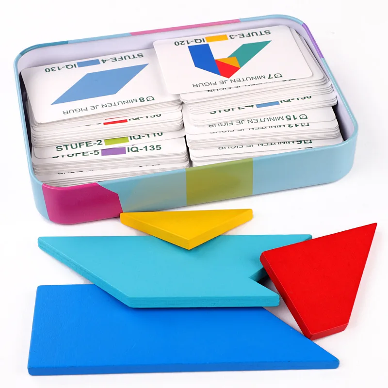 

Colorful Tangram Jigsaw Puzzle Iron Box DIY Thick Wooden Puzzle Montessori Early Education Educational Toys for Children Kids