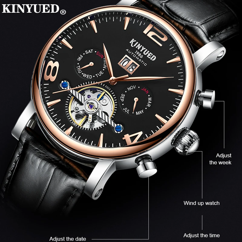KINYUED мужские классические ажурные водонепроницаемые механические часы с