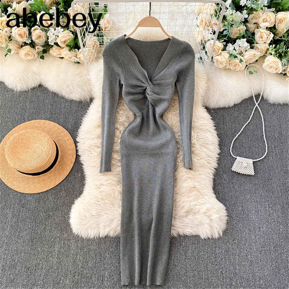 

2021 Women Winter Long Sleeve Midi Sweater Dress Clothes Dresses for Women New Sexy Knot V Neck Ribbed Knitted Bodycon Dress