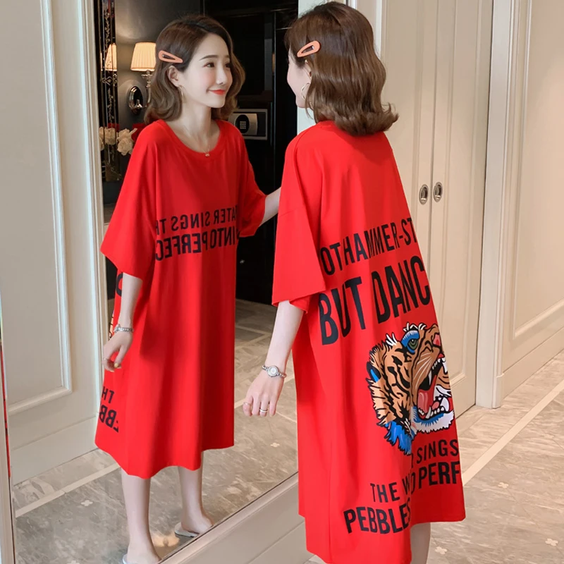 

New Arrival Summer Red T-shirt Dress Fashion Tiger head Print short-sleeved T-shirt Women Dresses Plus size Loose Casual Dress