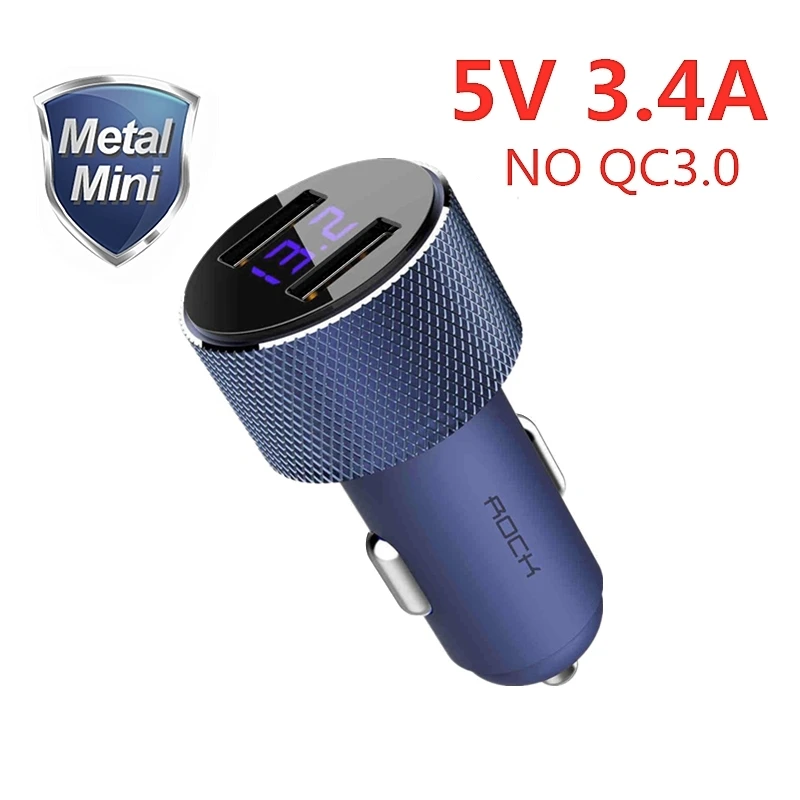 Blue 3.4A ROCK QC 3,0 Quick Charge Dual USB металлическое автомобильное зарядное устройство цифровой светодиодный дисплей для iPhone 11X8 Xiaomi samsung huawei Быстрая зарядка - Тип штекера: Blue 3.4A