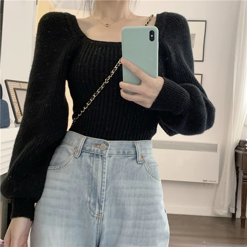 

New Fashion Square Collar Puff Sleeve Crop Top Autumn Winter Korean Long Sleeve Slim Solid Knitted Sweater for Women Clothing