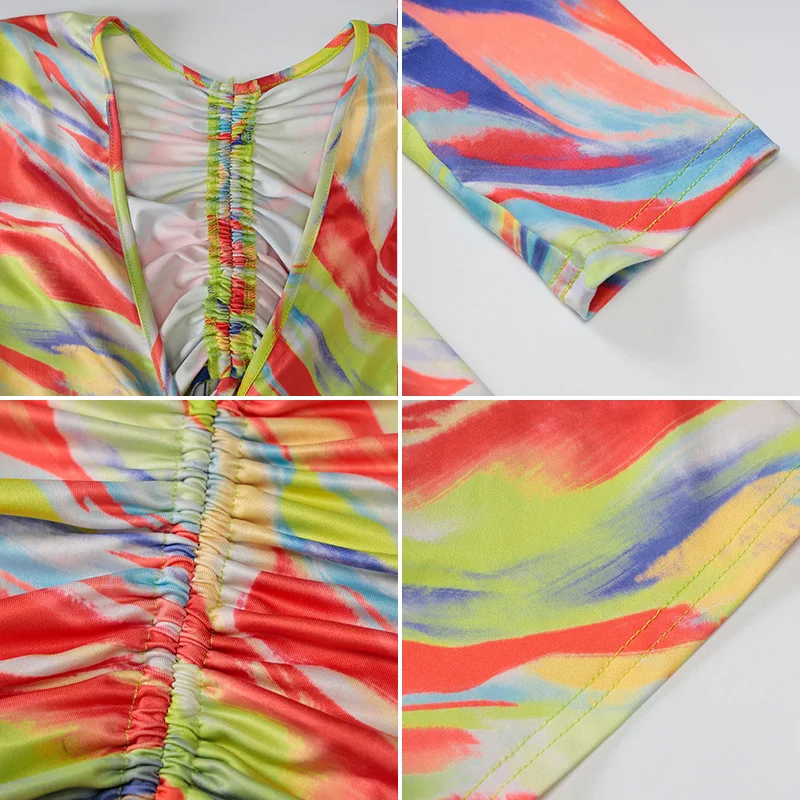 

ANGEL Print Drawstring Bodycon Halter Folds Bodysuit V-Neck Long Sleeve Fashion Women Summer Slim High Street Shorts Y2K AG31971