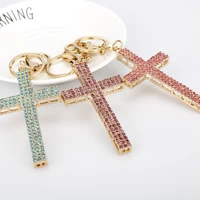 jesus cross crystal rhinestone keychain holder charms religious christian bag buckle pendant car keyring keychains high quality