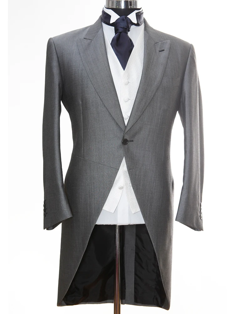 Изготовленный На Заказ пиковый лацкан слегка средний серый вечерний фрак с белым