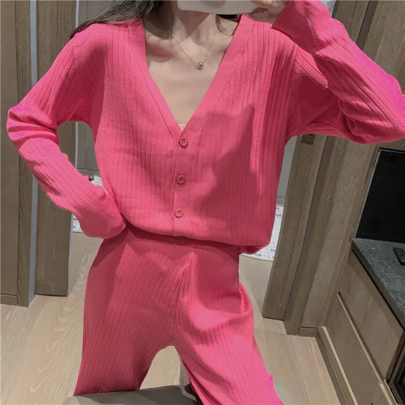 

2 Piece Set Women Cardigan Loose Pants Suits Women Set Knitted Sweaters Fashion V-neck Cardigan Jacket Casual Knitted Women Suit