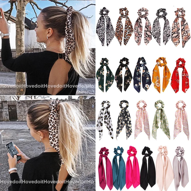 

Fashion Leopard Print Bow Satin Long Ribbon Ponytail Scarf Hair Tie Scrunchies Women Girls Elastic Hair Bands Hair Accessories