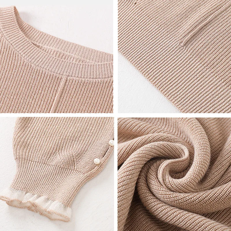 

O-Neck Loose Beading Solid Knitted Pullovers Women Elegant Long Sleeve Knitwear Tops Plus Size M-5XL Casual Spring Sweaters