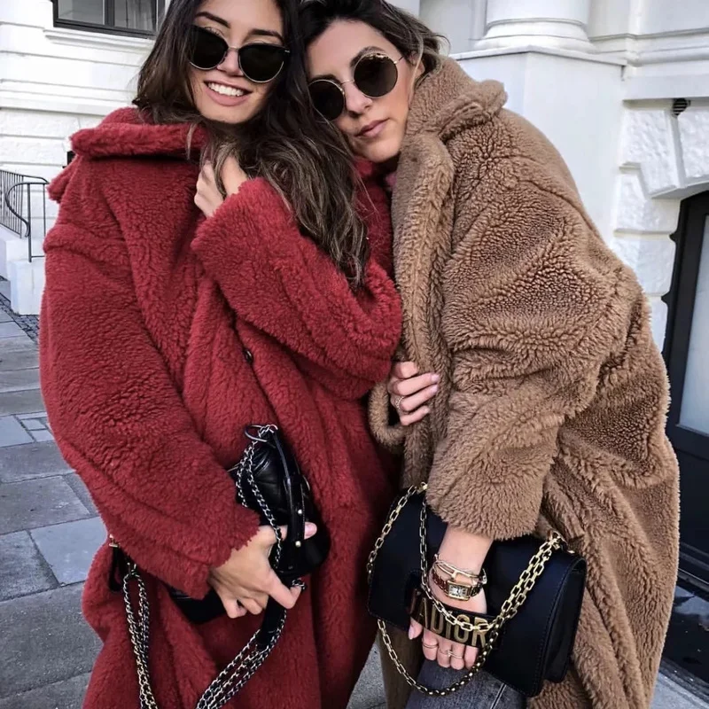 

Autumn Winter Warm Woolen Coat Solid Double Breasted Faux Fur Long Jacket Pockets Trench Coat Ladies Y2K Lamb Jacket Outerwear