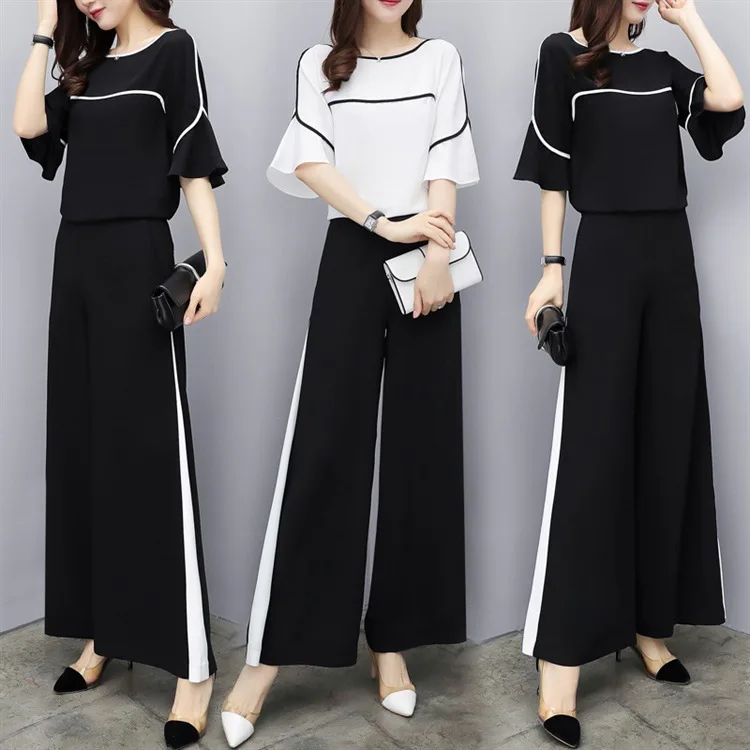 

2020 new women's summer dress two-piece chiffon high waist wide leg pants casual fashion suit female