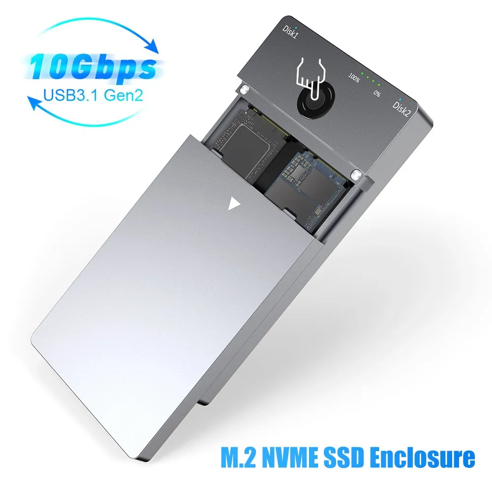 M.2 NVME SSD Enclosure Mobile 10Gbps Dual Bay Docking Station Offline Copy Hard Disk Box USB 3.1 Gen2 Type C HDD Case US Plug