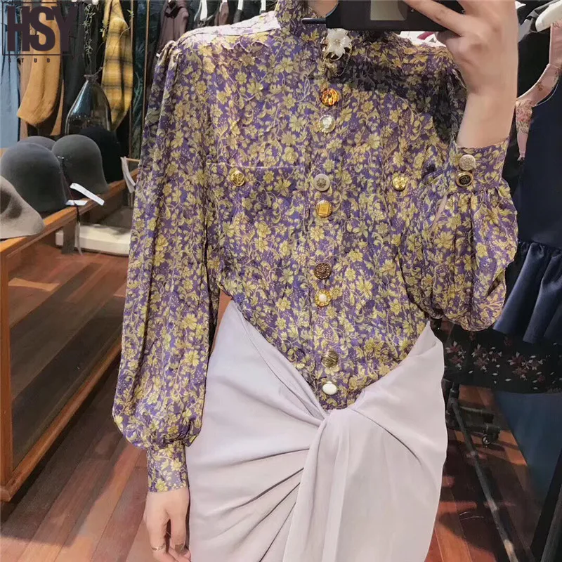 【HSY】 Autumn Winter New Fashion Women Shirt Custom Stereoscopic Flower Button Bubble Sleeve Stand Collar Floral Print Blouse