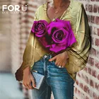 FORUDESIGNS, женская одежда, свободные размера плюс, Женские топы и блузки, Повседневная рубашка в стиле Харадзюку С 3D цветочным принтом роз, на лето