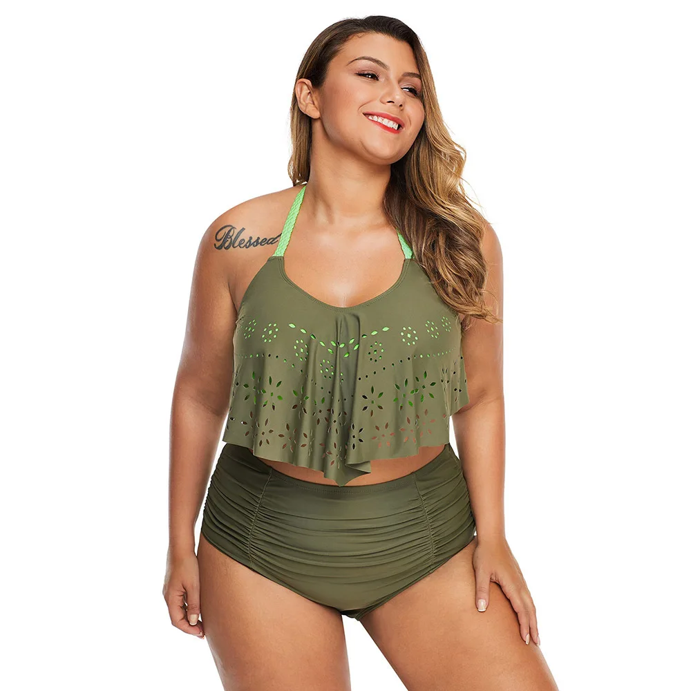 

HOTSALE Bikini plus Size Swimsuit Halter Lace-up Split Swimsuit Ruffles Laminated Bikini High Waist Women Swimsuit