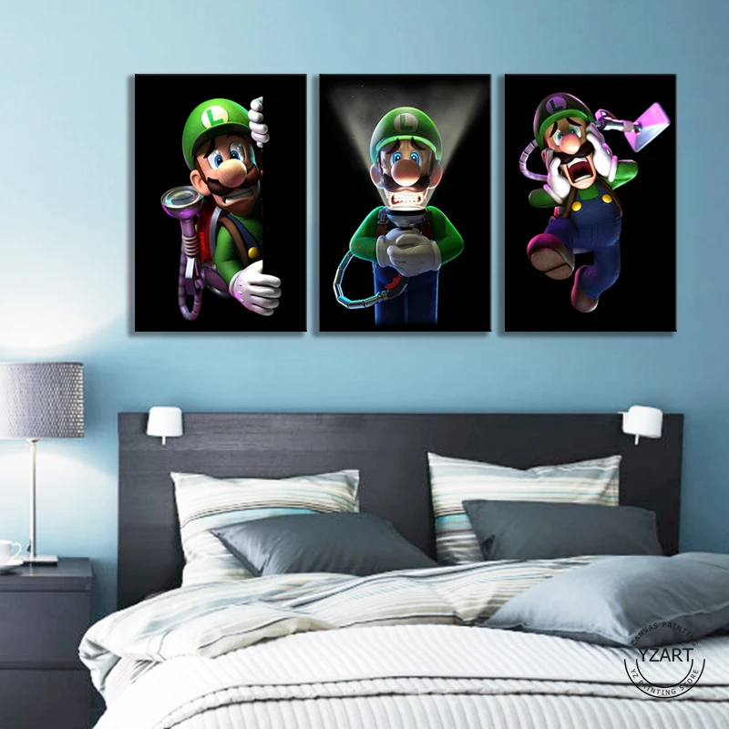 3 Панели Mario Bros Luigis, Мультяшные картины, настенные картины, декор для спальни, Luigis Mansion, 3 видеоигры, искусство, декор для стен, живопись