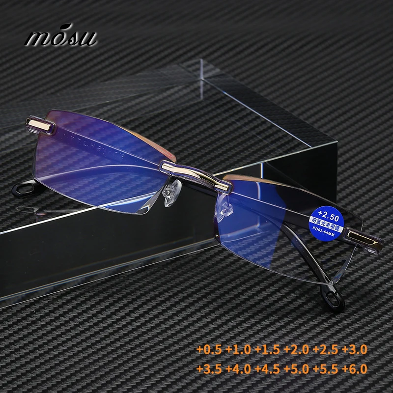 

new frameless diamond trimmed presbyopic glasses anti blue light blue film integrated men's folding presbyopic glasses