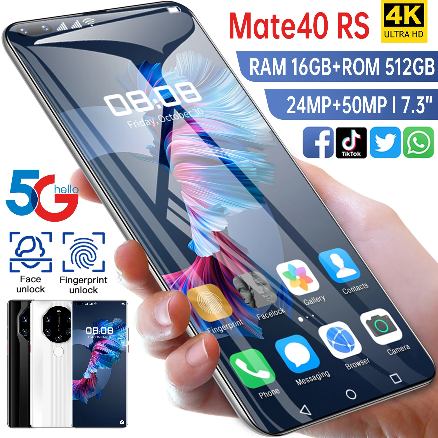 Mate40 RS 7 3 дюймовый смартфон 16GB + 512 Dual SIM Micro SD левый копания Экран Face ID функцией
