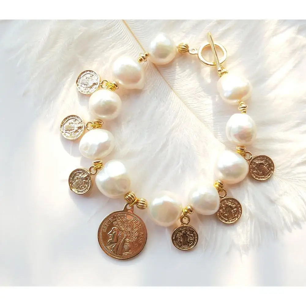 

Lii Ji барокко жемчуг золотые подвески для монет браслет натуральный белый жемчуг медь позолоченные браслеты модные украшения для женщин вечерние