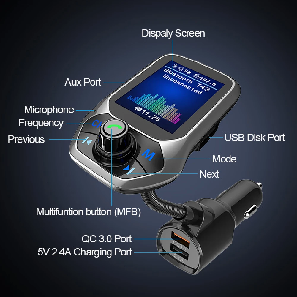 Car Bluetooth MP3 Audio Player Multifunction Dual USB Large Colorful Screen Display QC3.0 Vehicle Charger T43 | Автомобили и