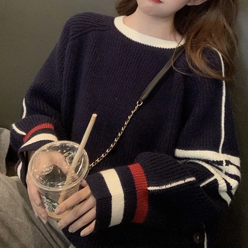 

Women Sweater Knitted Cotton Tops for Women Fashion Striped Long Sleeve Top Woman O-neck Thickened Clothing Female Basic Sweater