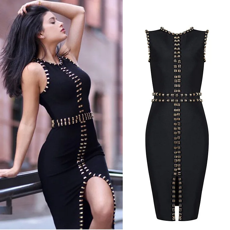 

Women's round neck sleeveless metal button split high end dress in autumn of 2019