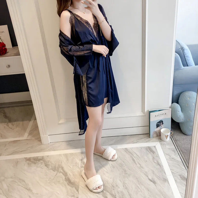 

2020 Women Robes Gown Sets Sexy Lace Satin Sleepwear 2 pieces Pajamas Nightwear Silk Nightshirts Sleep Lounge with Chest Pads
