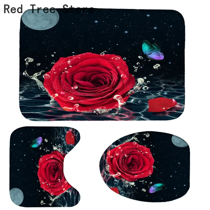 

180*180 3D Luxury Red Rose Polyester Shower Curtain Bathroom Pedestal Rug Lid Toilet Cover Bath Mat Set High Quality Home Decor