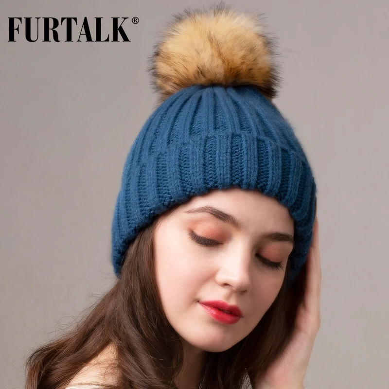 Женская вязаная шапка FURTALK черная или Серая с помпоном и флисовой подкладкой