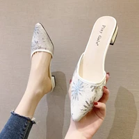 office lady mesh bling patchwok sandalias mules femme half slides women chunky heels slippers loafers summer backless shoes