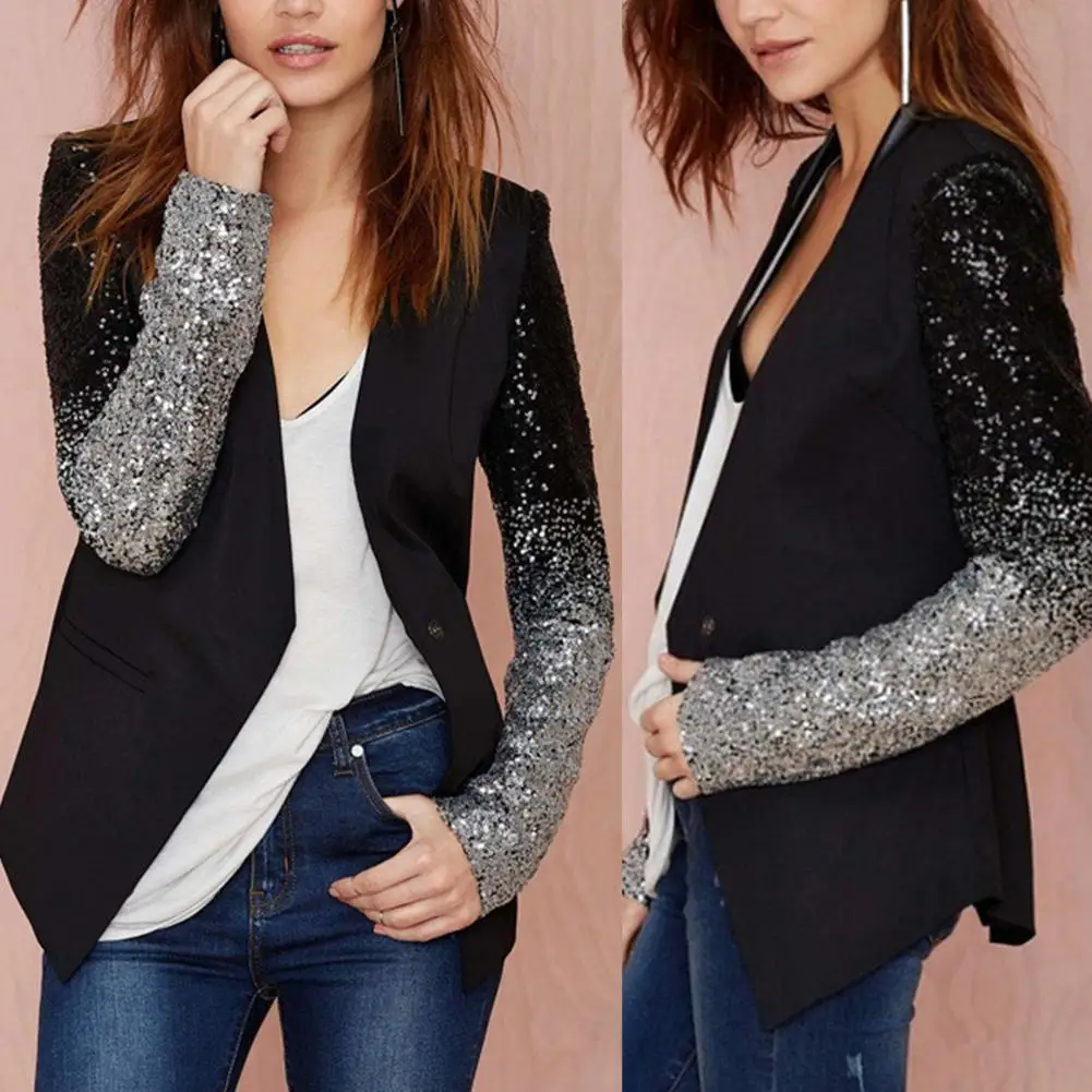 

Cool Women Sequined Blazer Coat Jacket Single Buckle Long Sleeve Suit jacket women for women's clothing