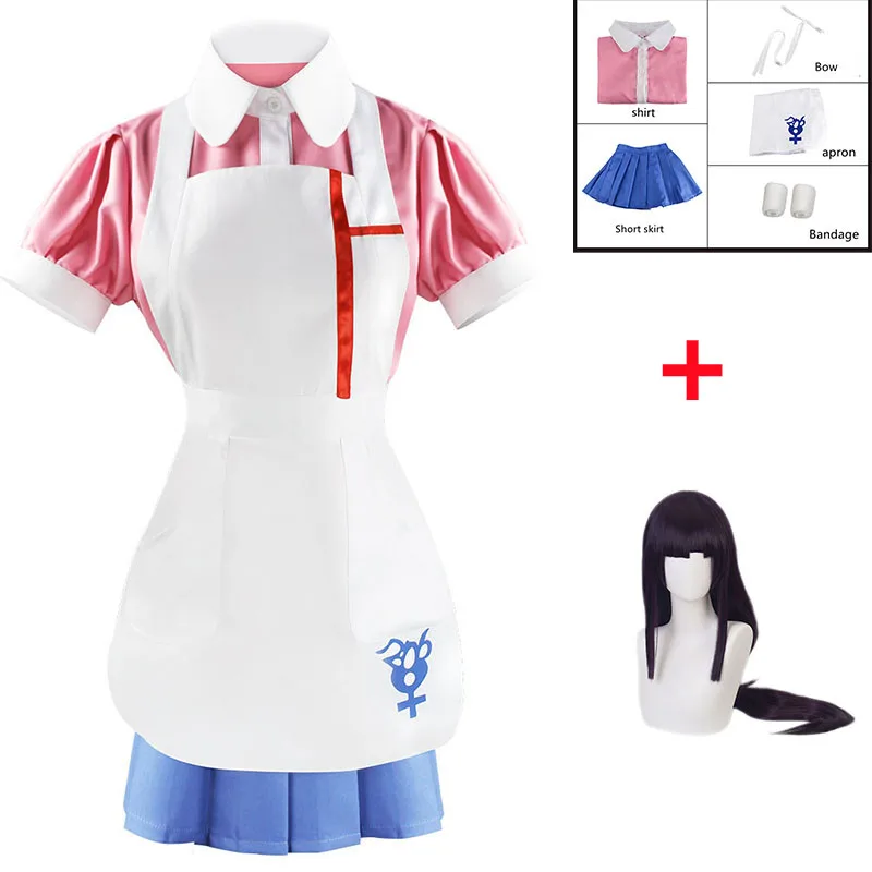 

Danganronpa Mikan Tsumiki Cosplay Costume wig Halloween Carnival Ultimate Nurse Funny Costume Cafe Maid Uniform For Women set