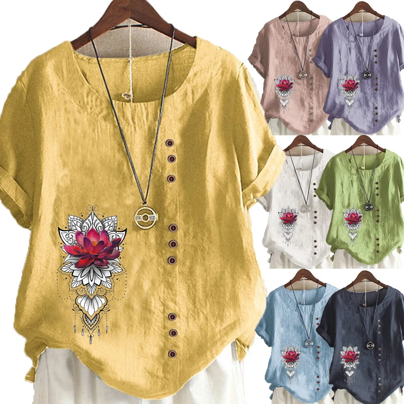 

Women's New Fashion Summer Floral Printed Round Neck Short Sleeve T-shirt Casual Loose Solid Color Blouse Tops Plus Size