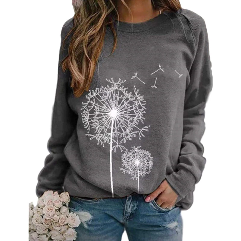 

Autumn Winter Dandelion Print Pullover Women Round Neck Long-Sleeved Casual Loose Sweater