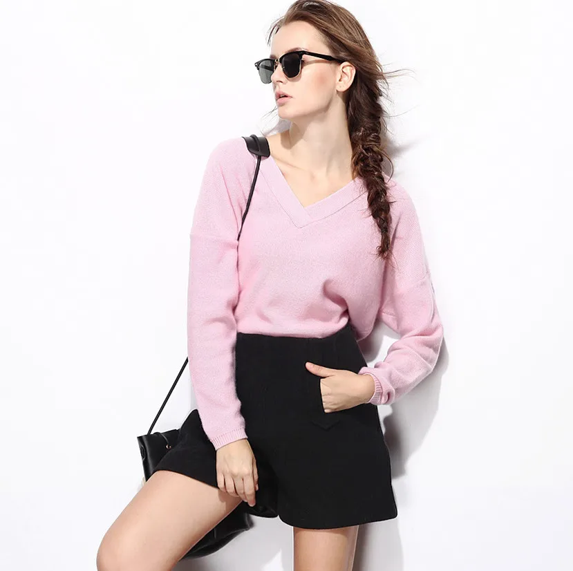 Модный женский кашемировый свитер с v-образным вырезом утепленный Свободный