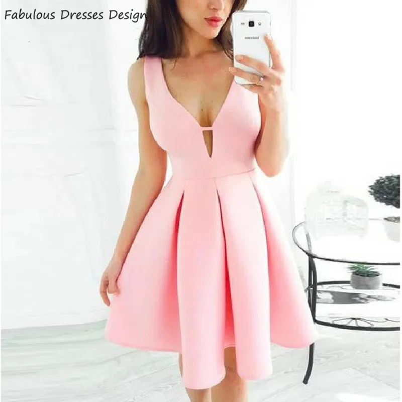 

2020 Pink Short Mini Prom Dresses V Neck A Line Evening Dress Party For Women Charming Vestido De Fiesta