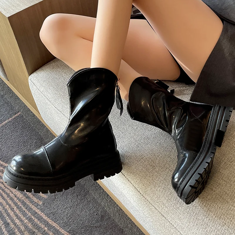 

Women's Ankle Casual Boots 2021 New Autumn Mid Heel Round Head Pu Leather Back Zipper Square Heel Women's Motorcycle Boots