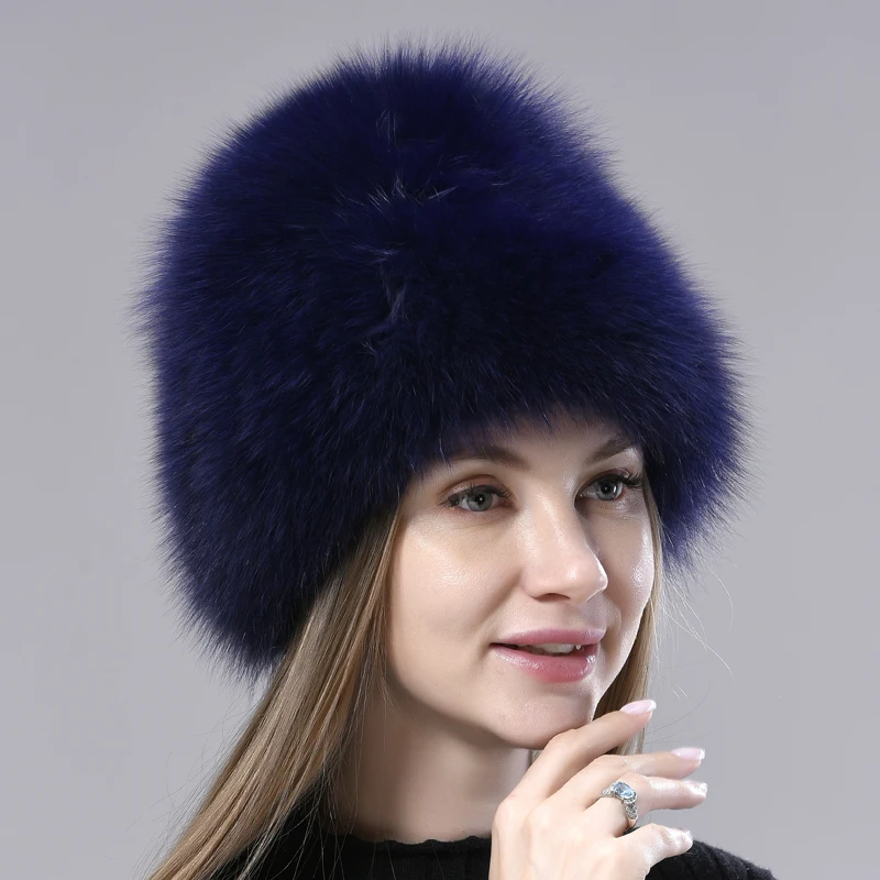 

Winter Hats Women Natural Fox fur Knitted Beanies Female Fashion Fluffy Fur Hats Warm Thick Headwear Real Fur Hat