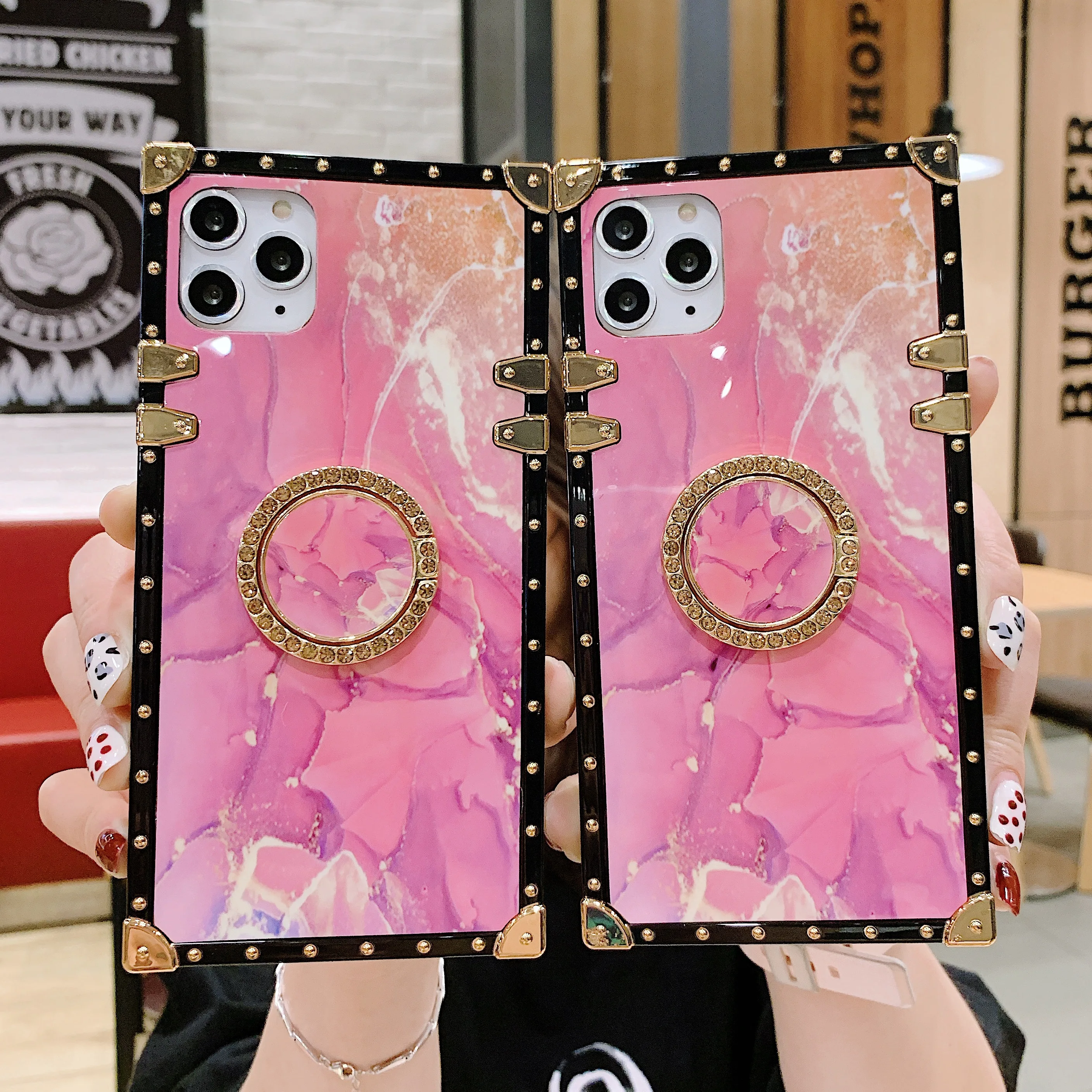 

Square Pink Glitter Diamond Stand Cases For iPhone 13 Pro Max 13 Mini 12 Pro Max 11 Pro Max 12 Mini Xr XS Max 6S 7 8 Plus Cover