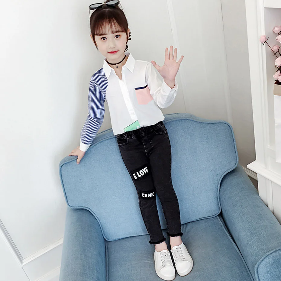 Белая блузка для девочек лоскутные рубашки полосатая детская осенняя школьная