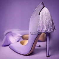 sexy purple fringe stiletto heels high heel pumps back tassle pointy toe dress shoes cut out fashion wedding party shoes