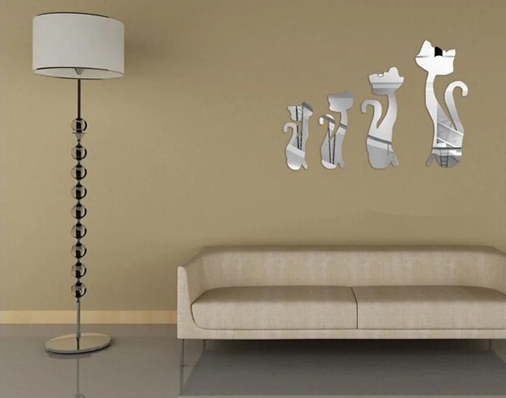 

#38 2019 Silver 4PCS Lovely Cats Silver Mirror Decoration Home Room Art 3D DIY Wall Stickers For Birthday Gift In Bedroom Decor