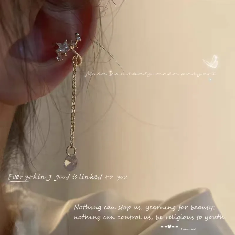 

HI MAN Korean Star Water Droplets Long Tassel Ear Bone Clip Women Temperament High Sense Wedding Bride Bridesmaid Jewelry