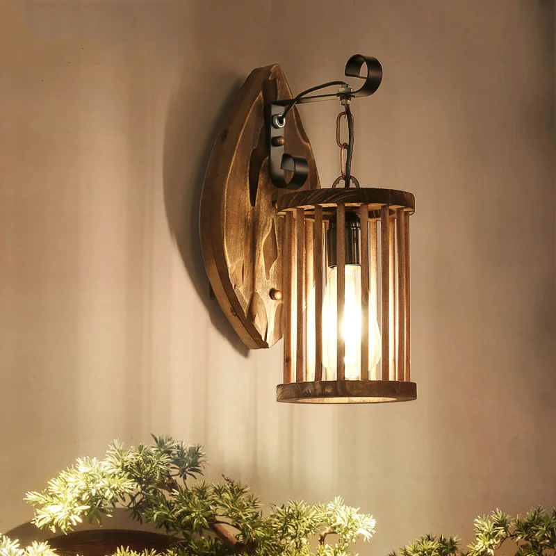 

American Rural Retro Industrial Wall Lamp Bar Restaurant Corridor Lamps Bedside Light Solid Wood Sconce
