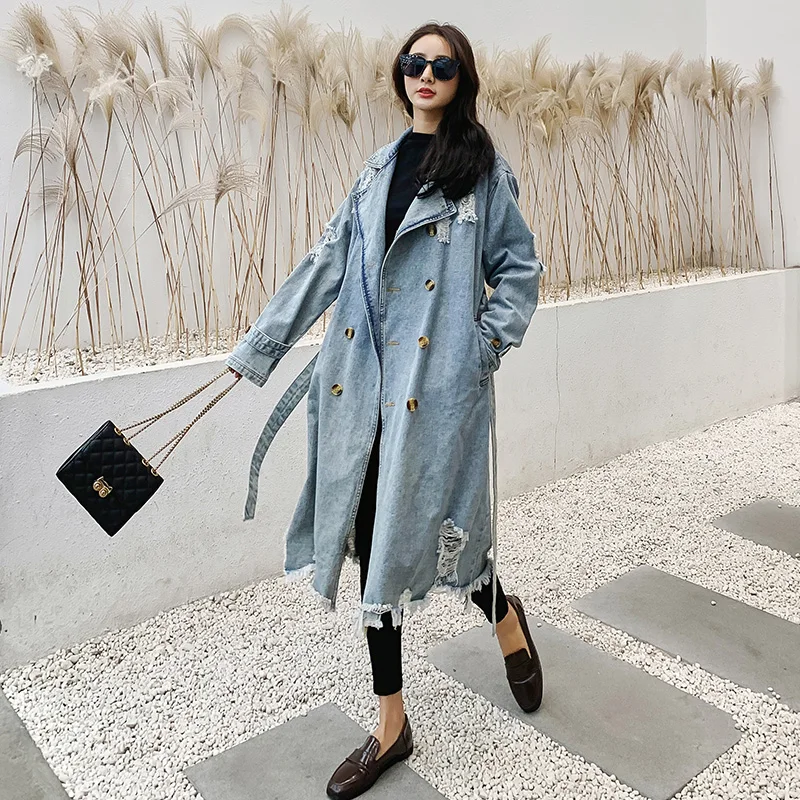 

European High fashion Women Long Denim Jeans Coats Retro Vintage Female stylish ladies trench overcoats T139
