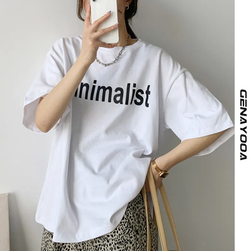 

Genayooa Casual Letter Print Tshirts For Women Stylish Cotton Oversized T Shirt Harajuku Loose Tee Shirt Femme Korean Fashion